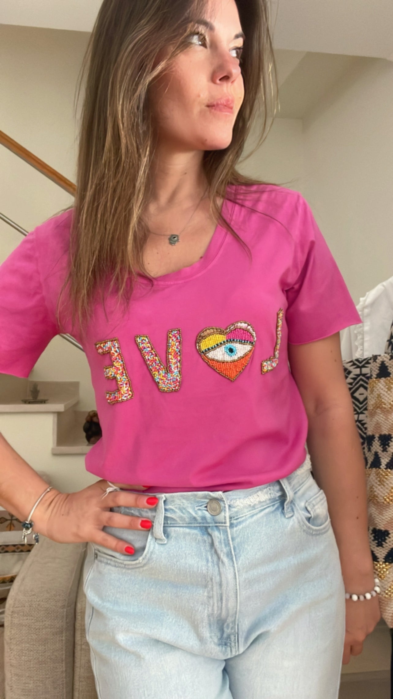HEART PINK | T shirt with beads