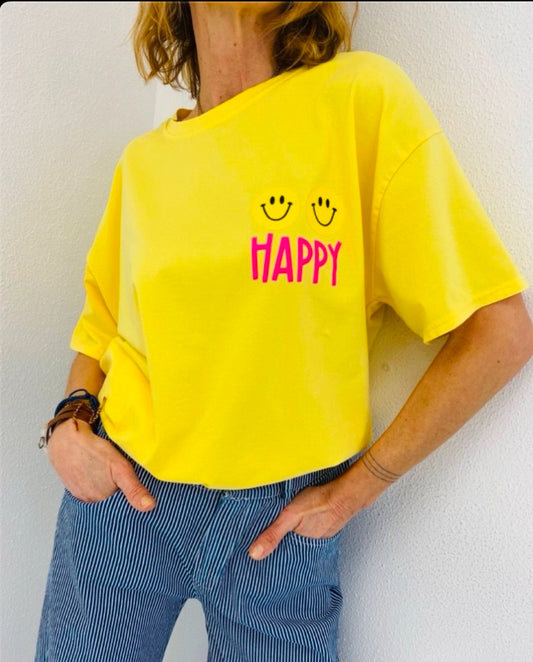 HAPPY - T shirt com frase estampada e smileys