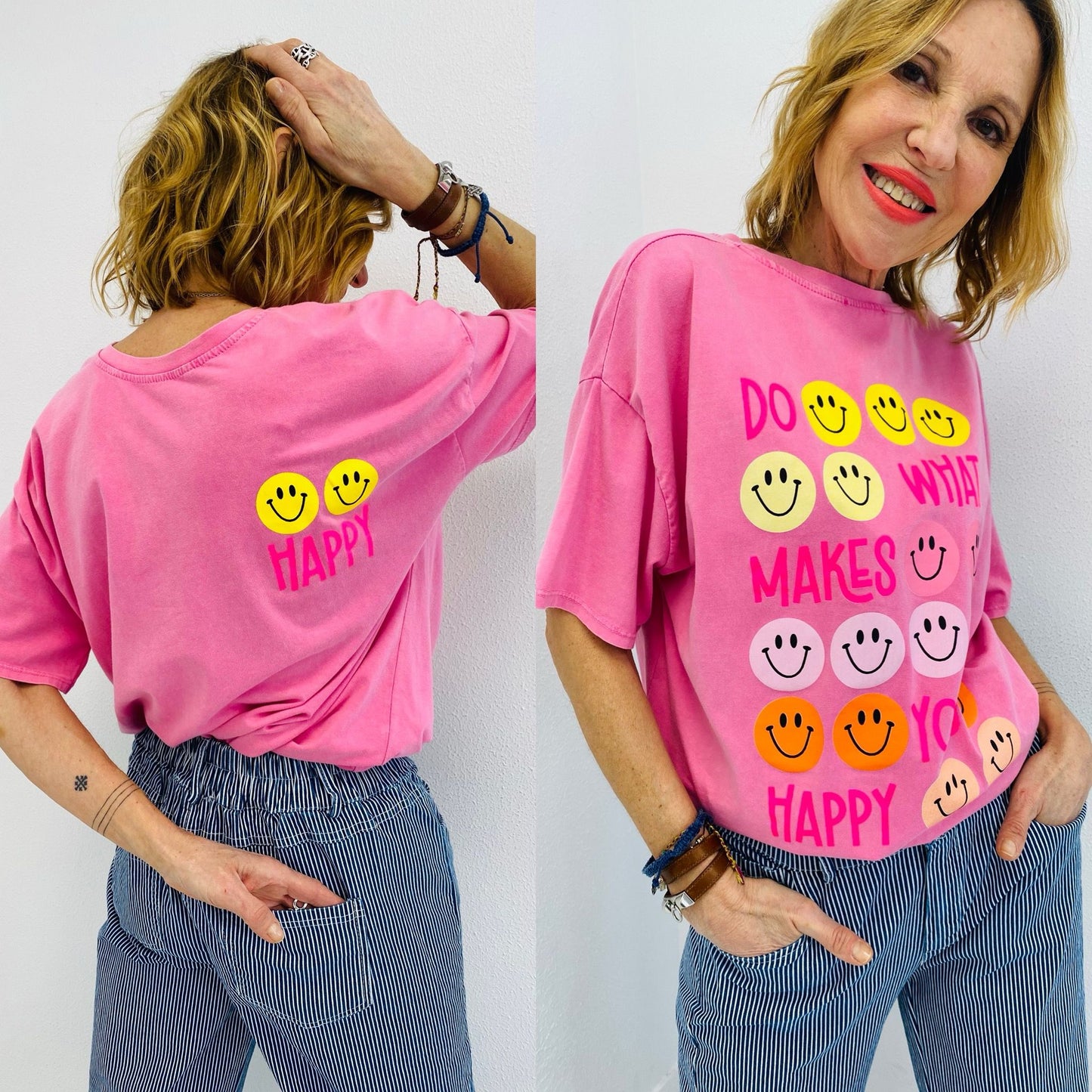 HAPPY - T shirt com frase estampada e smileys