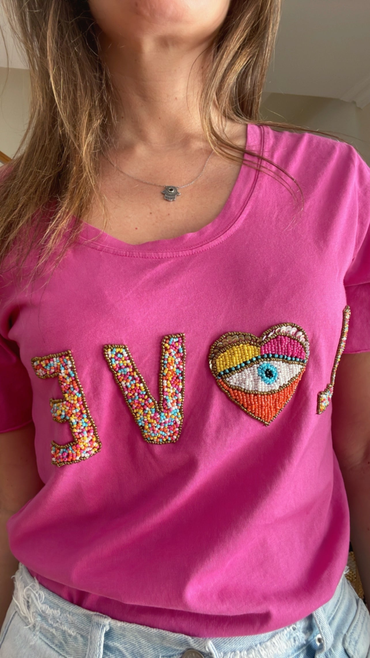 HEART PINK | T shirt with beads