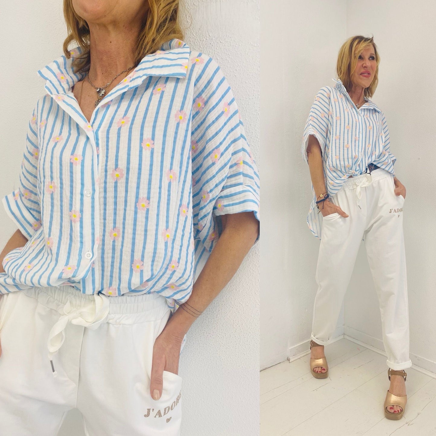 MARGARIDAS | Camisa de manga curta com flores bordadas e riscas