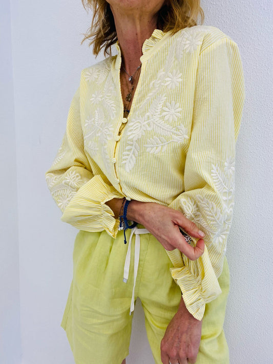 SUNNY BLOOM | Camisa de riscas com flores bordadas