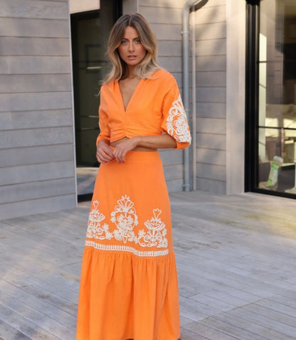FREYA | Conjunto saia maxi e top com bordados