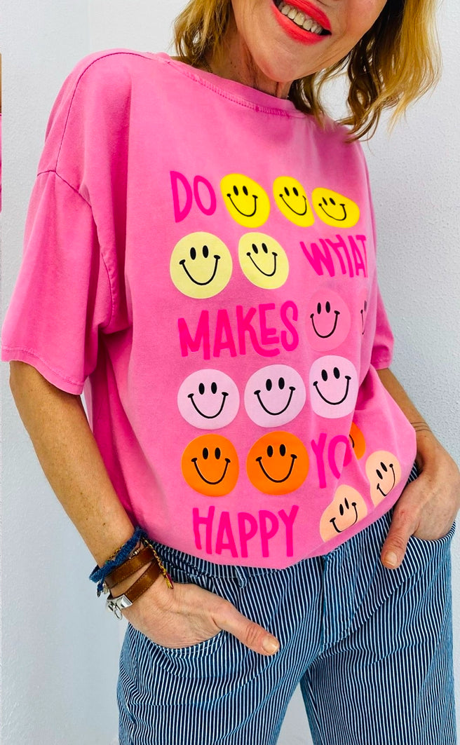 HAPPY - T shirt com frase estampada e smileys