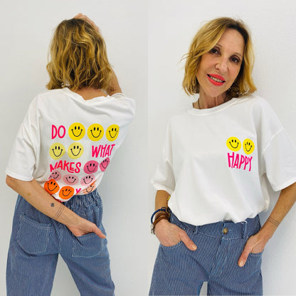 HAPPY - T shirt com frase estampada e smileys