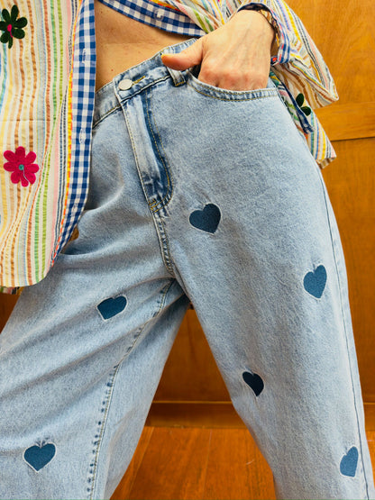 CORAZON | Jeans palazzo com corações azuis