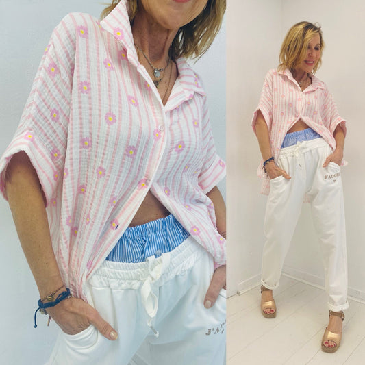 MARGARIDAS | Camisa de manga curta com flores bordadas e riscas