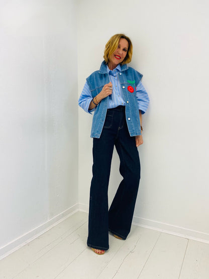 CHERRY BLOSSOM | Colete jeans com bordados coloridos