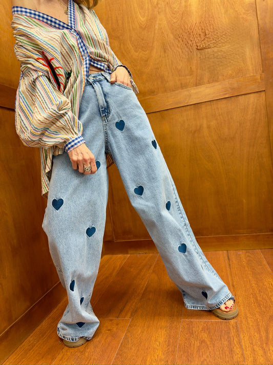 CORAZON | Jeans palazzo com corações azuis