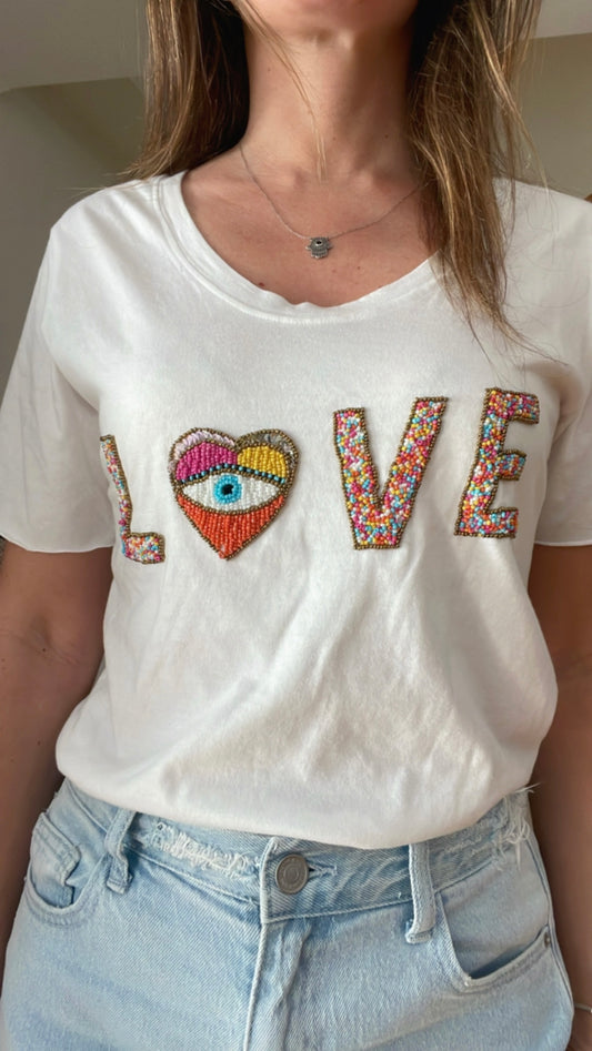 HEART WHITE | T shirt with beads