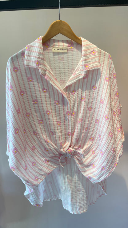 MARGARIDAS | Camisa de manga curta com flores bordadas e riscas