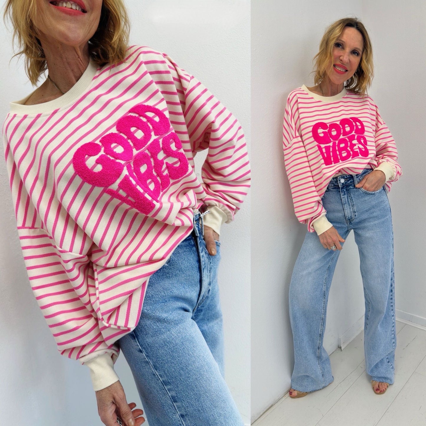 GOOD VIBES | Sweat de algodão com riscas e frase estampada em tecido
