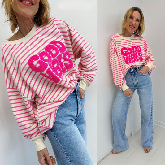 GOOD VIBES | Sweat de algodão com riscas e frase estampada em tecido
