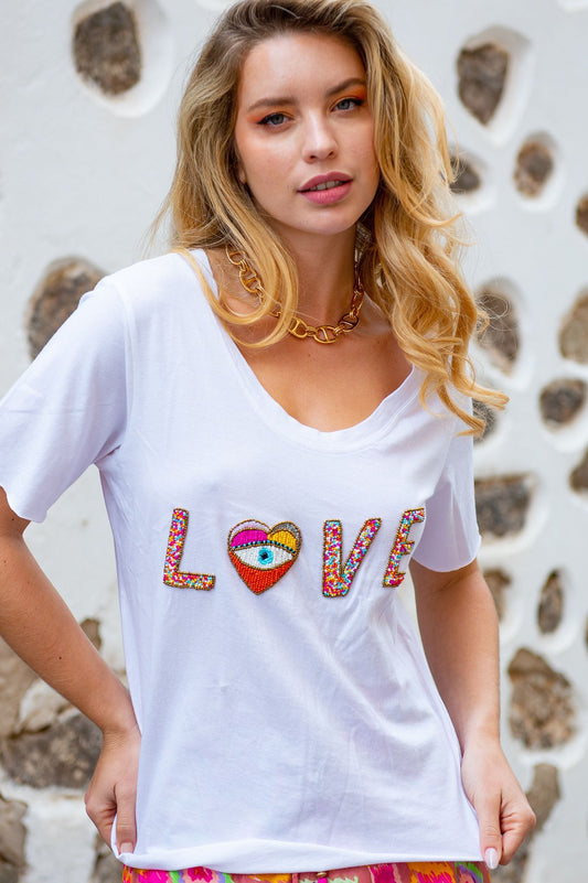 HEART WHITE | T shirt with beads