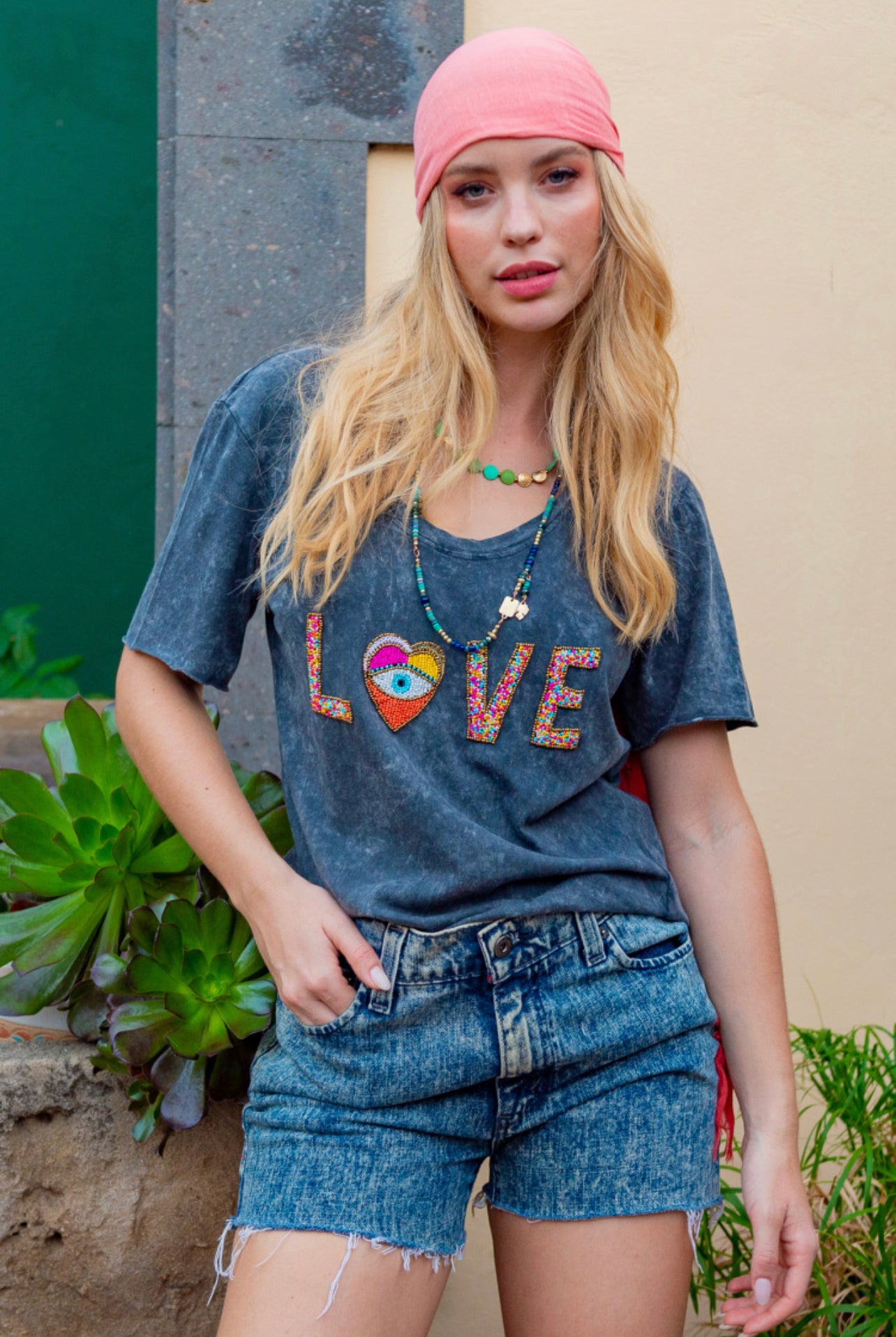 HEART GRAY | T shirt with beads